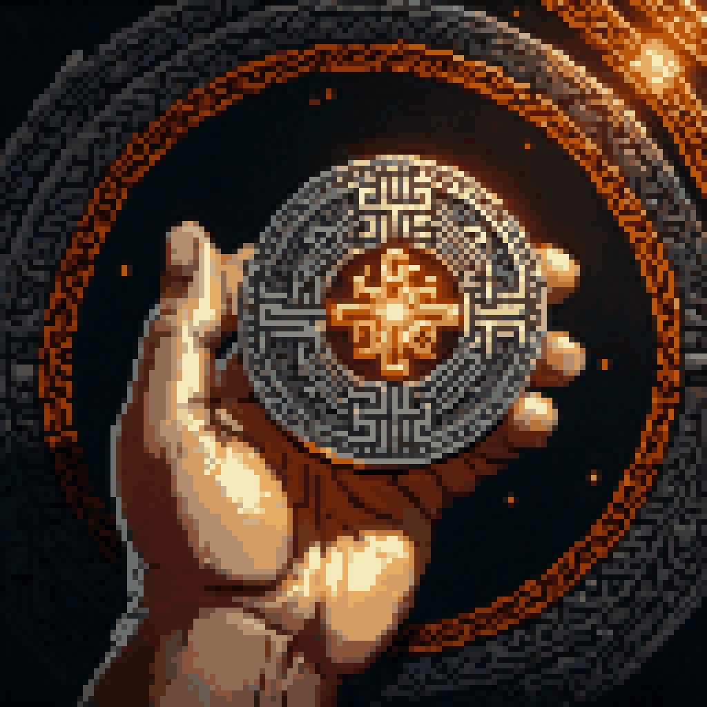 Ancient silver coin held in hand, interlocking knotwork circuit pattern engraved on surface, glowing amber, Norse meets digital, pixel art