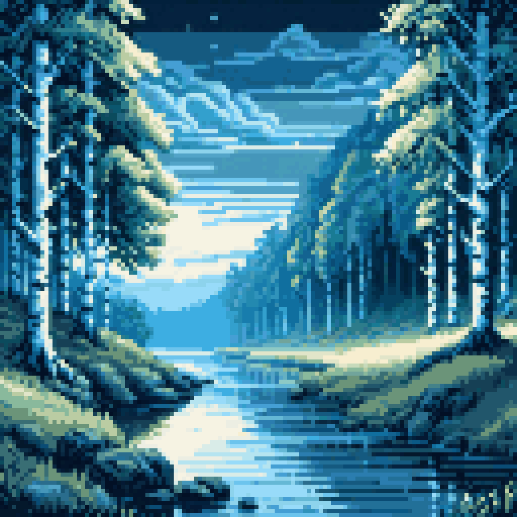 Ancient Norse river at midsummer, white birch trees on banks, dark fast water, longships in distance, pale northern sky, figure at riverbank, atmospheric pixel art