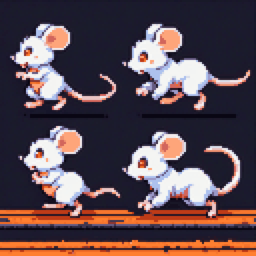 Small pixel art mouse performing walk cycle animation, motion blur lines showing foot arc trajectory, ghost frames floating, dark background