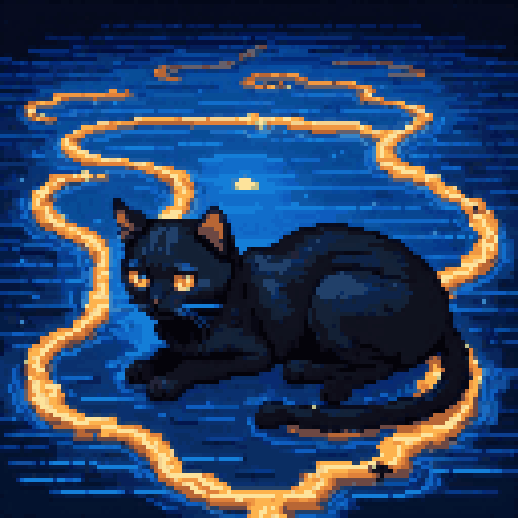 Black cat lying flat on glowing world map, two narrow water passages lit like wire, Hormuz and Bab al-Mandeb humming, deep space background, pixel art