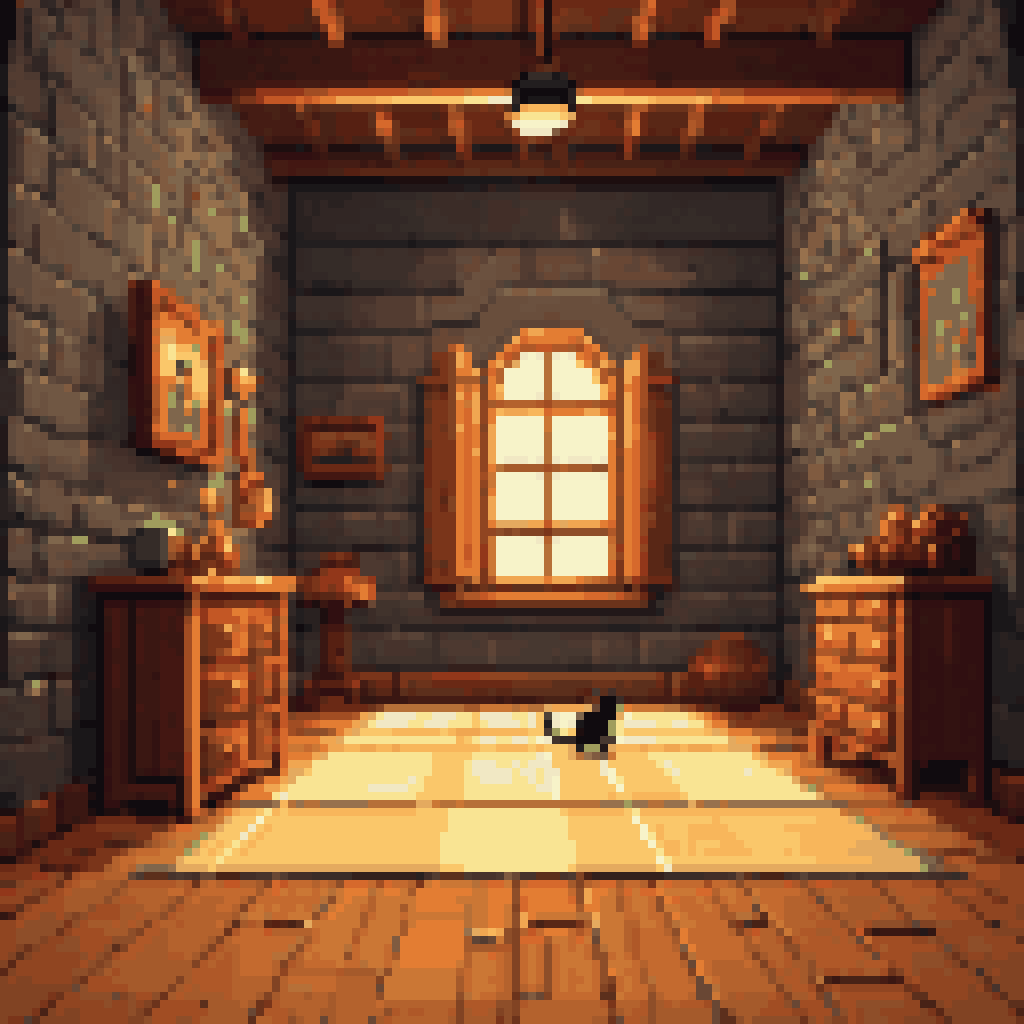 Blender 3D room interior, lowpoly mouse mid-stride walk cycle frozen at frame 12, god rays through window, black cat silhouette at south wall, pixel art