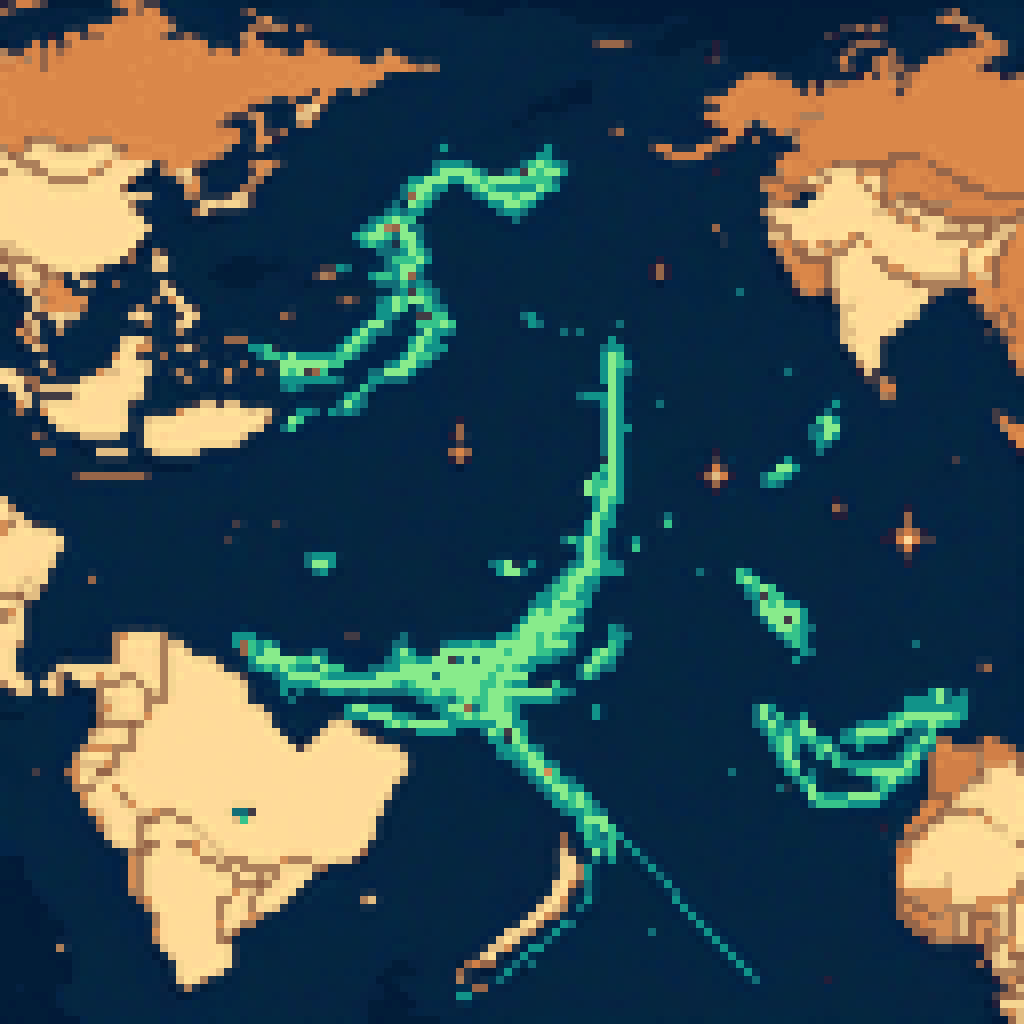 Two glowing strait chokepoints on dark world map, Hormuz and Bab al-Mandeb lit in amber, missile arc from Yemen to southern Israel, black cat watching from edge of frame, pixel art