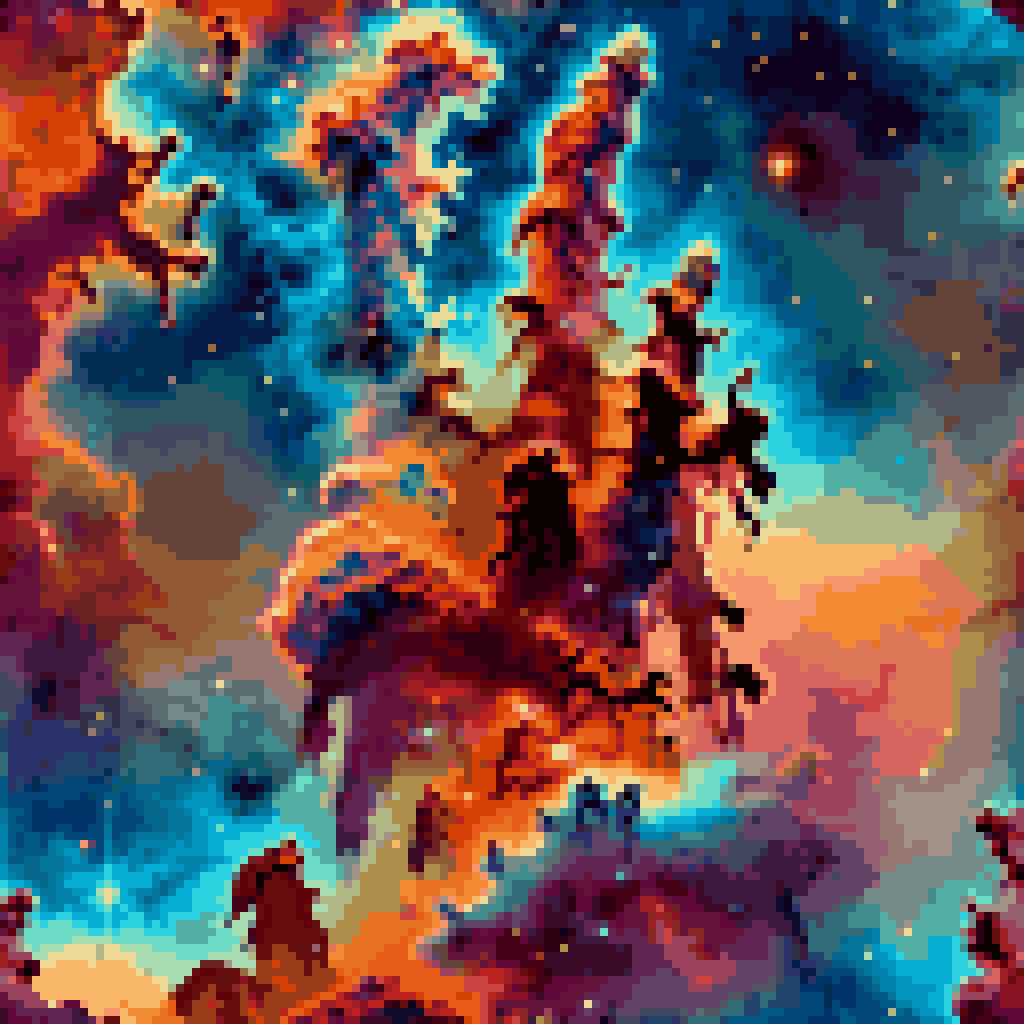 Pillars of Creation nebula in pixel art, towering columns of cosmic dust glowing amber and blue, small black cat at base looking upward, star-forming light above, 8-bit retro