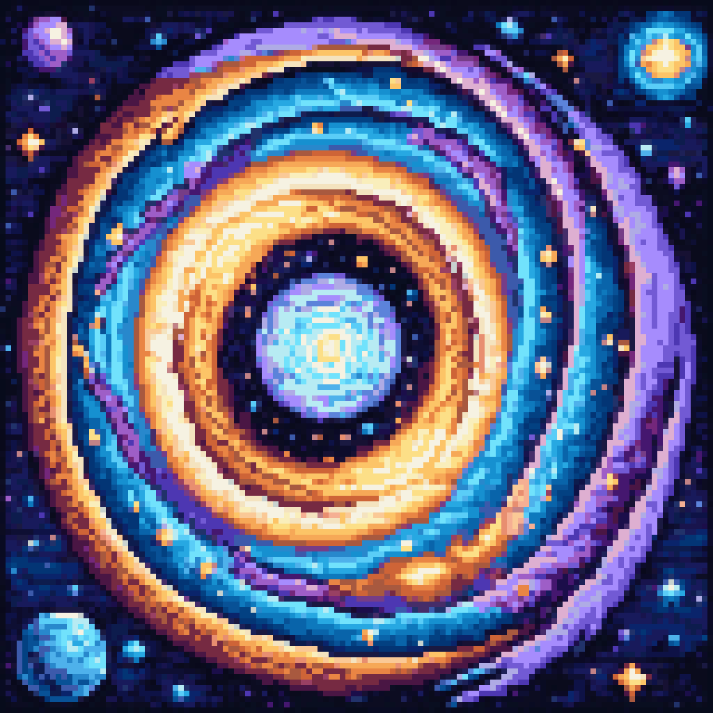 Spiral galaxy looping in pixel art, bright galactic core with spinning arms, black cat silhouette on procedural wood floor below, warm god-ray light from above, 8-bit retro