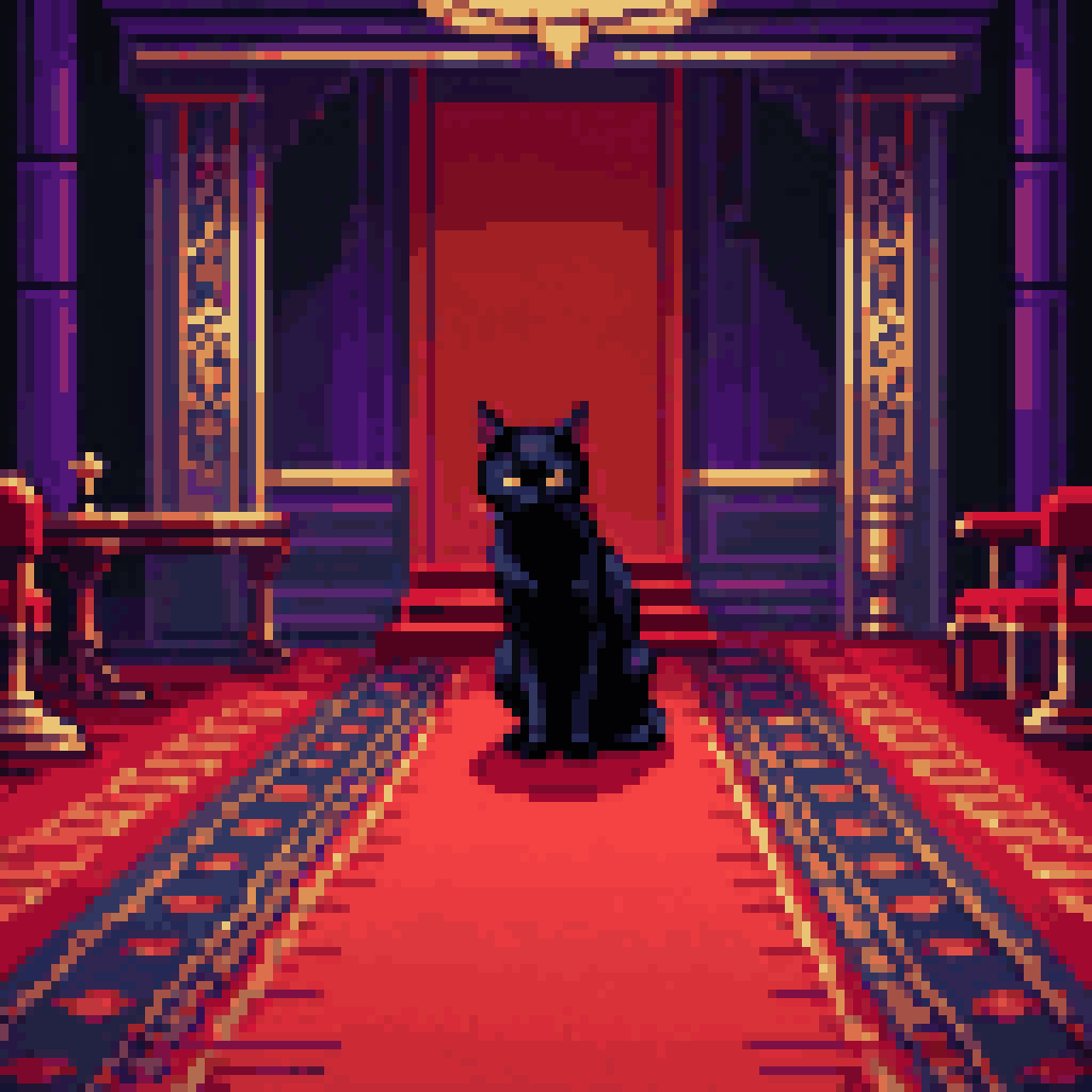 Black cat crouching under long diplomatic table red carpet night shadows pixel art 8-bit