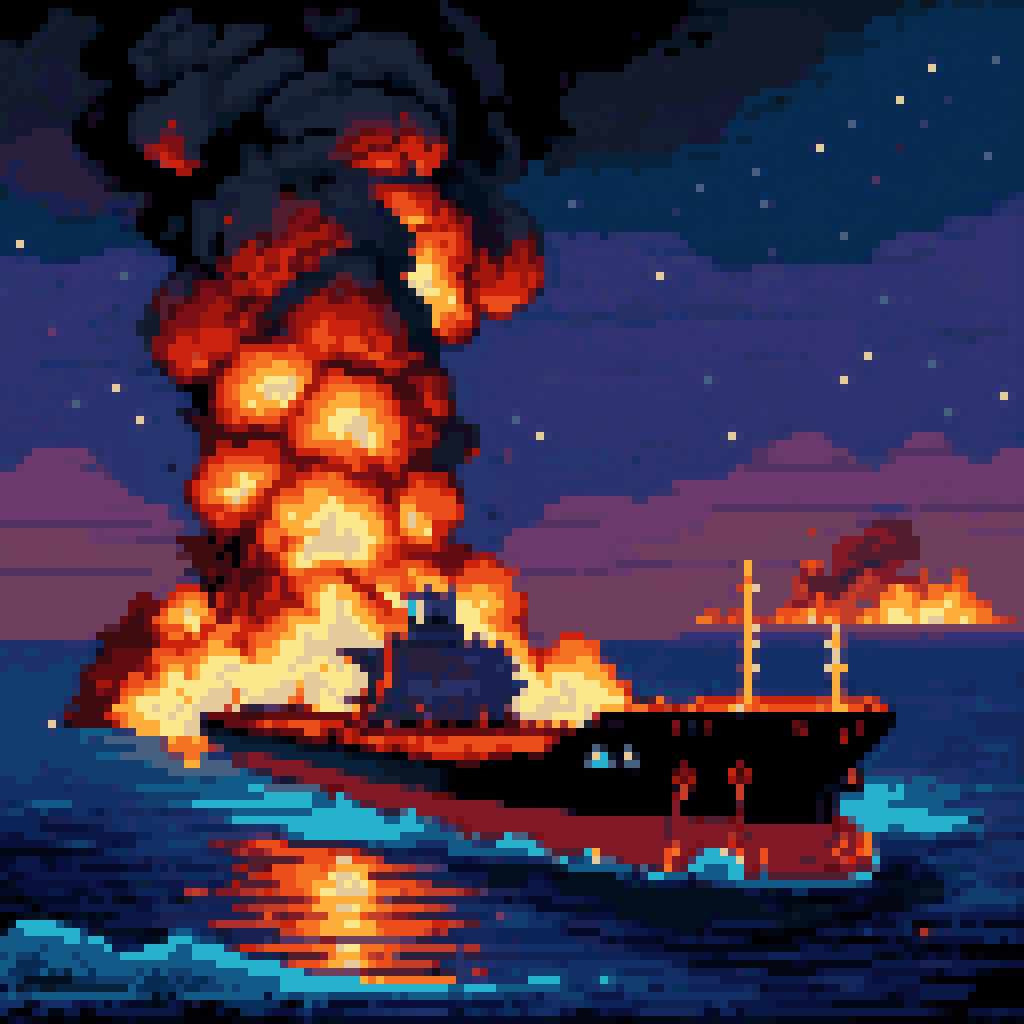 Oil tanker on fire strait of hormuz night ocean black smoke orange flames pixel art 8-bit retro