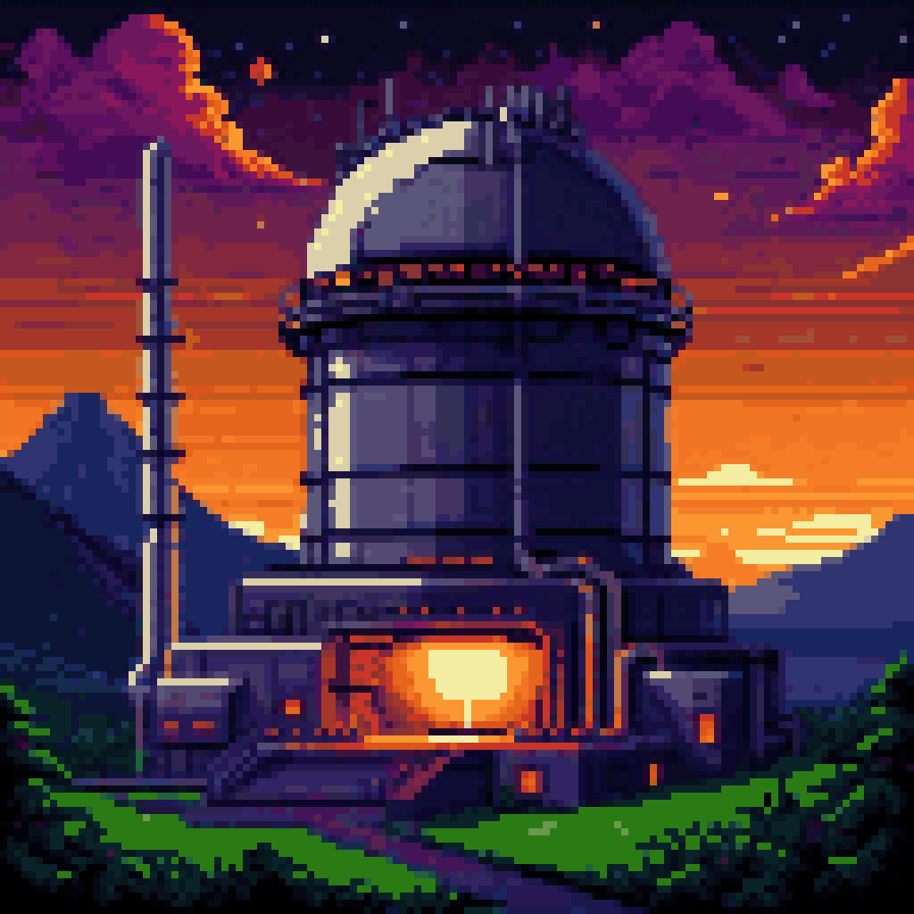 Nuclear reactor dome at night amber emergency lights hillside dark sky pixel art 8-bit ominous glow