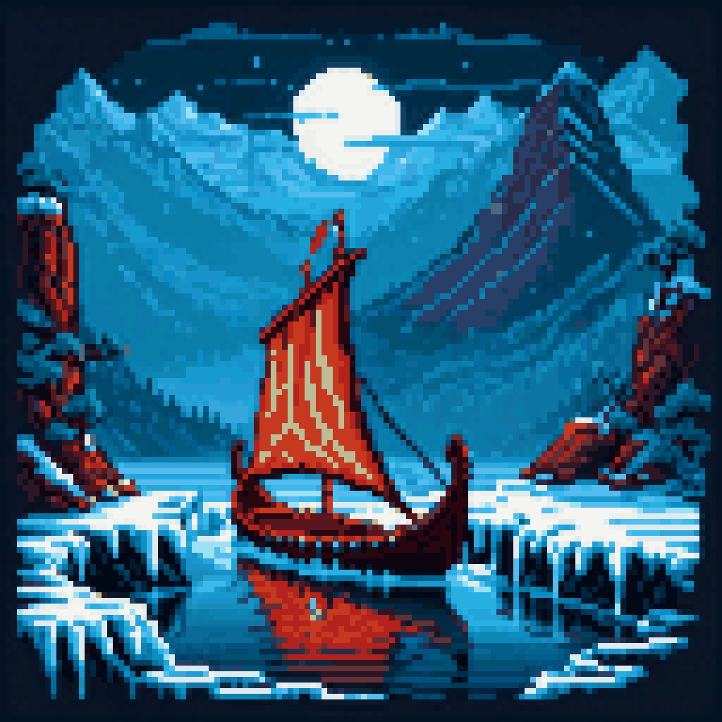 Viking longboat dragon prow river mouth breaking ice dawn dark water pixel art 8-bit retro ancient north