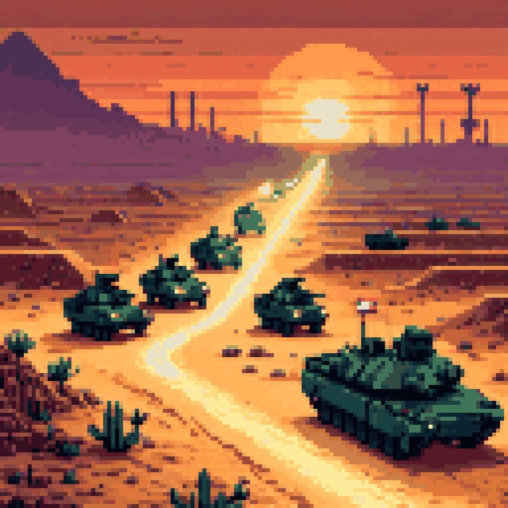 Military convoy desert night lights out Kuwait oil fields pixel art 8-bit retro war