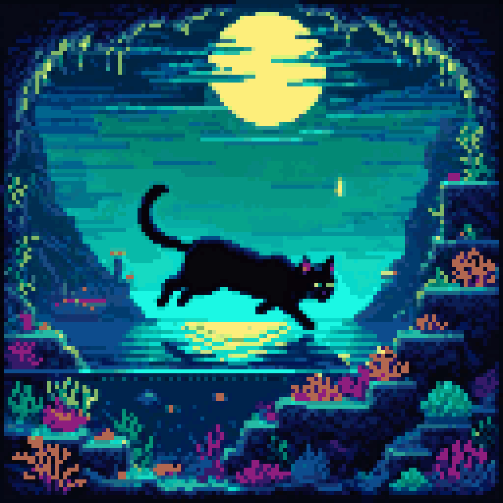 Black cat swimming underwater dark ocean strait tanker hull above night pixel art 8-bit retro deep