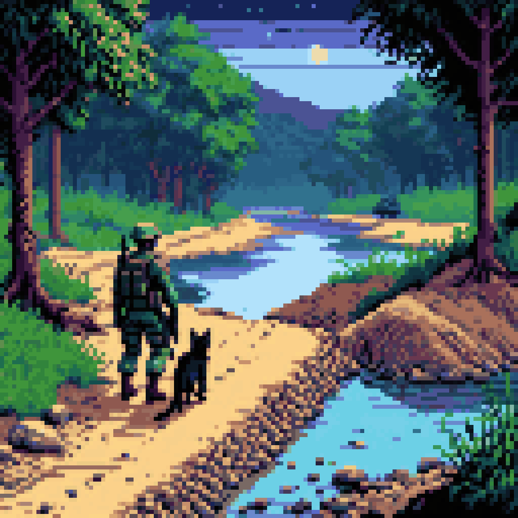 Black cat crossing river gravel bar night Iraq checkpoint soldiers distant pixel art 8-bit retro