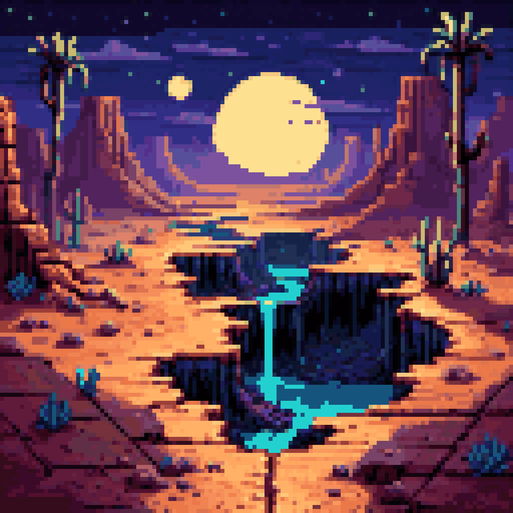 Cracked desert road void sinkhole beneath asphalt last quarter moon night eerie pixel art 8-bit retro