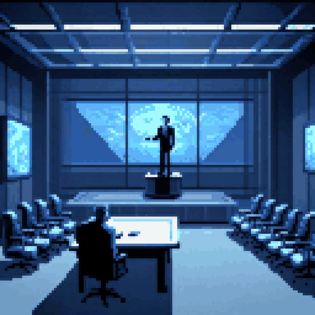 Gray institutional conference room presentation screen shadowy figure pointing at slide panels surreal bureaucratic dream cold blue light pixel art 8-bit retro