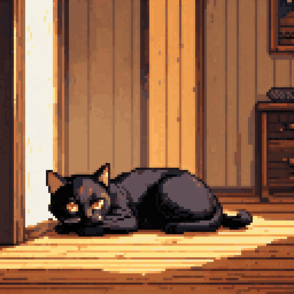 Black cat curled in warm sunbeam on wooden floor amber eyes half closed dust motes floating peaceful indoor light pixel art 8-bit retro