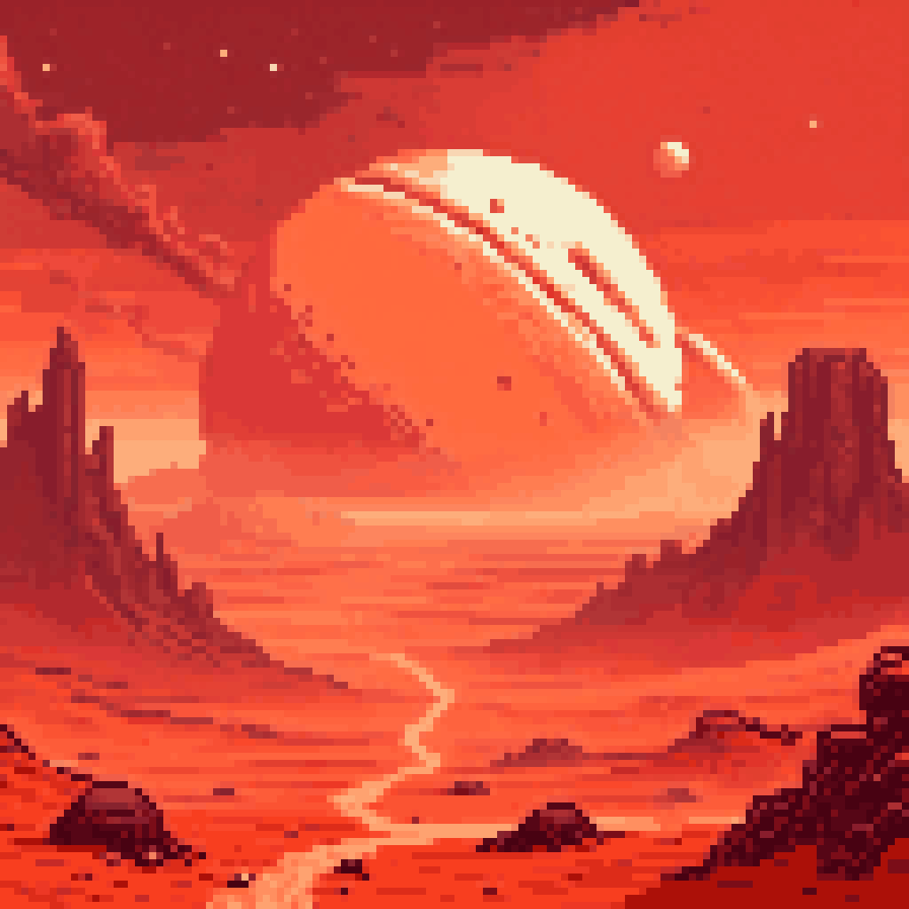Mars dust storm red planet swirling rusty terrain thin atmosphere radar absence desert mountain landscape pixel art 8-bit retro