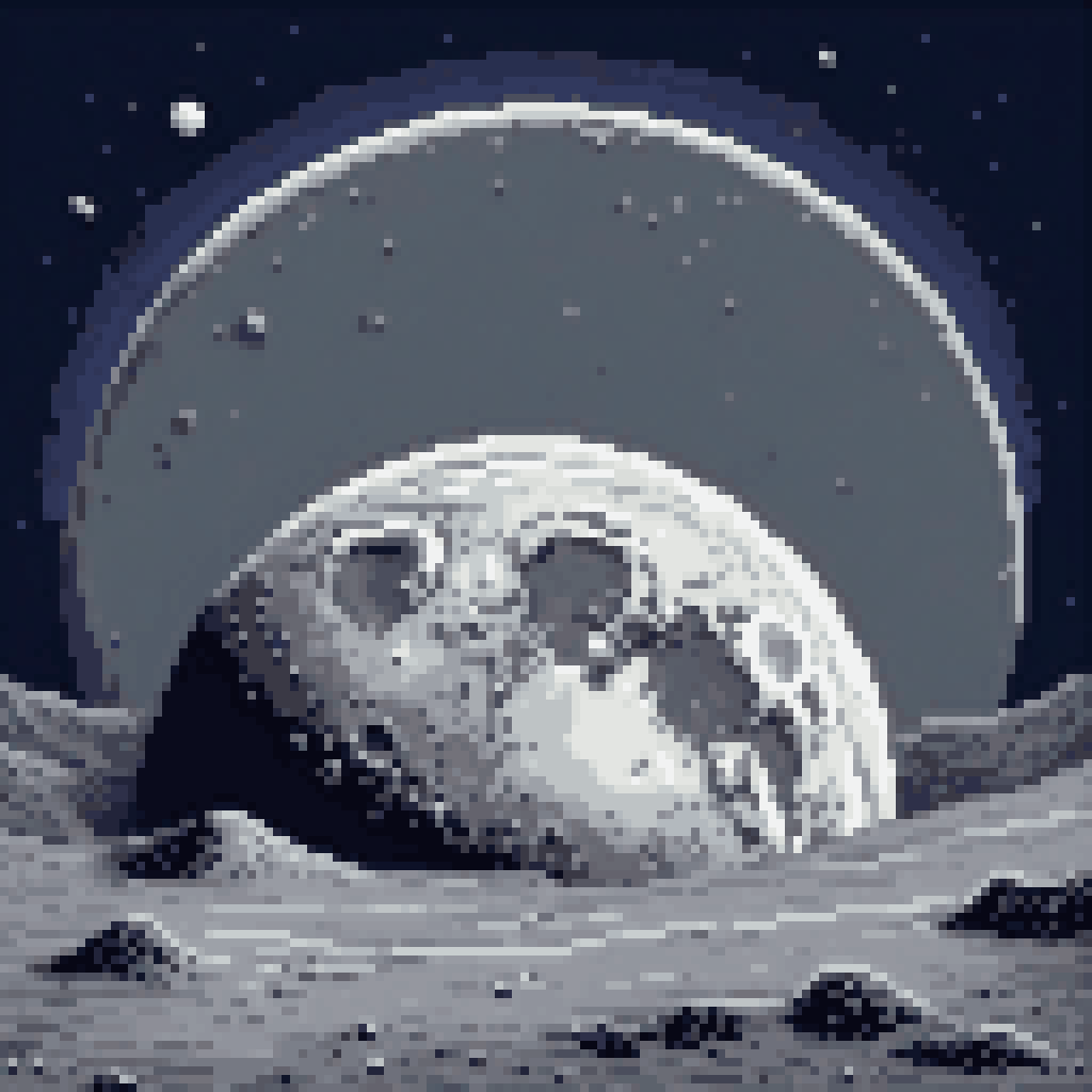Full moon detailed crater surface lunar maria gray white Earth satellite orbital view pixel art 8-bit retro night