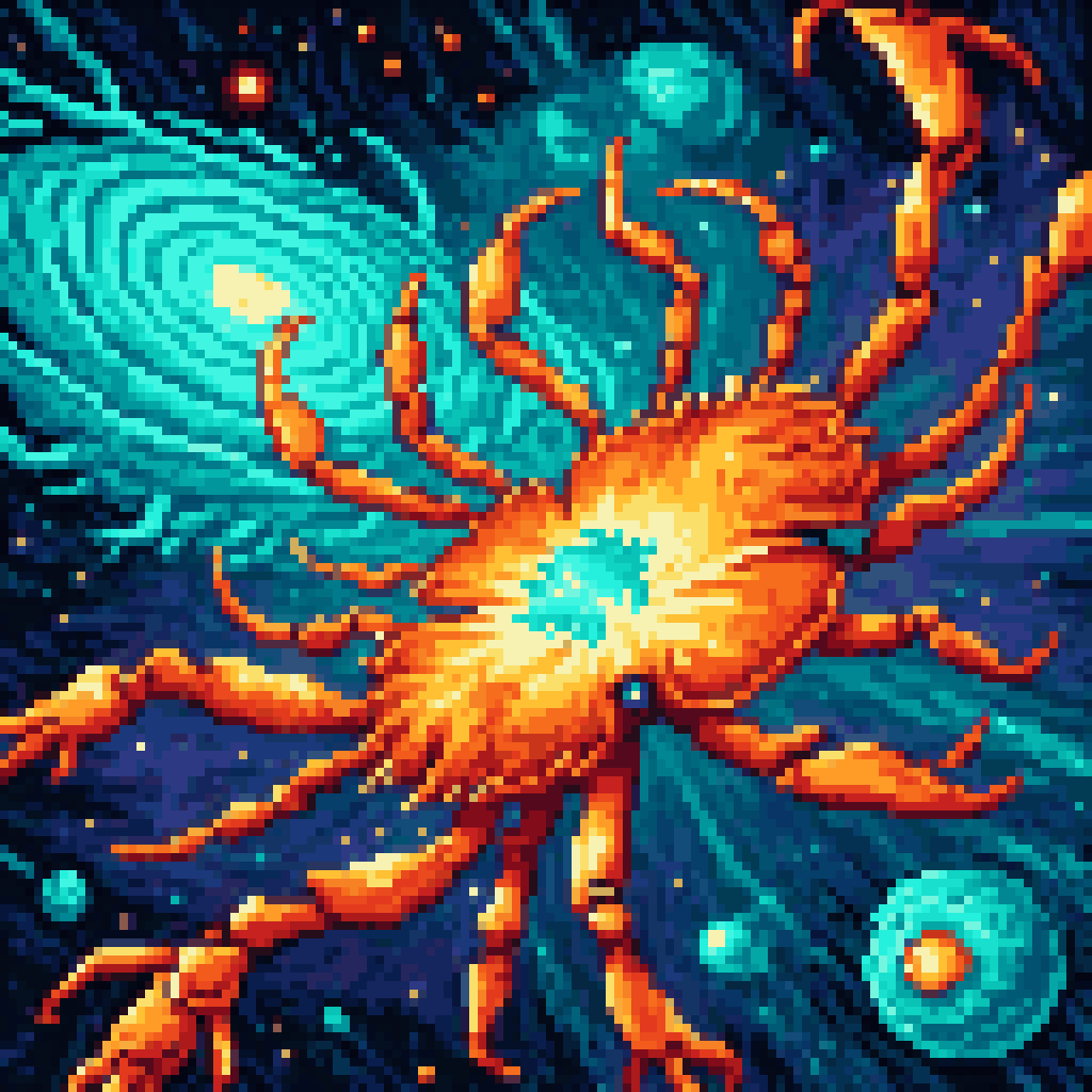 Crab Nebula supernova remnant expanding shockwave turquoise orange filaments pulsar ninth century Viking satellite sky ancient modern pixel art 8-bit retro