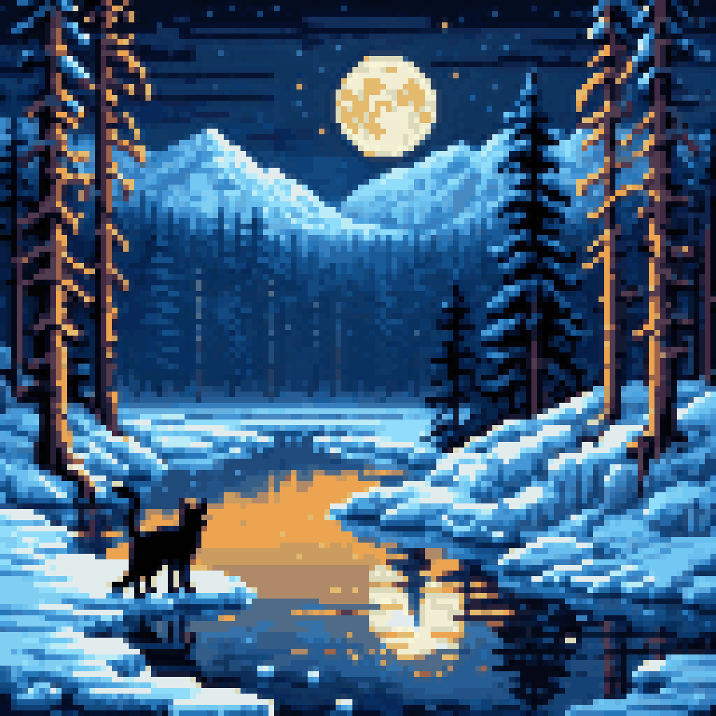Black cat amber glowing eyes frozen river night snow forest moonlight pixel art 8-bit retro deep sleep