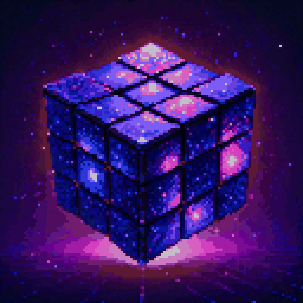 3D cube glowing data wireframe edges shiny cells floating dark void precision tensor pixel art 8-bit retro