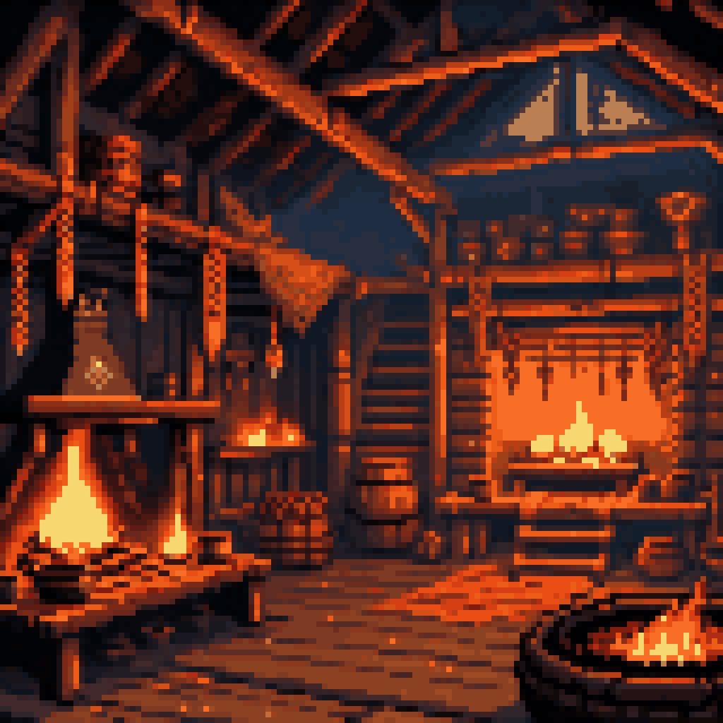 Viking longhouse fire glow nets rafters ancient runes night pixel art 8-bit retro mystical