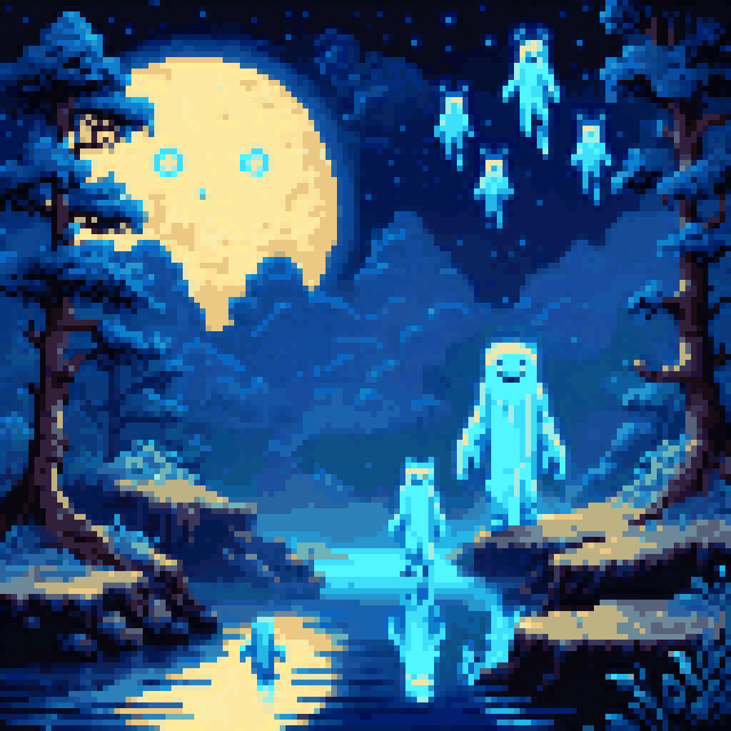 Three small spirits glowing riverbank night fog cosmic pixel art 8-bit retro deep dream