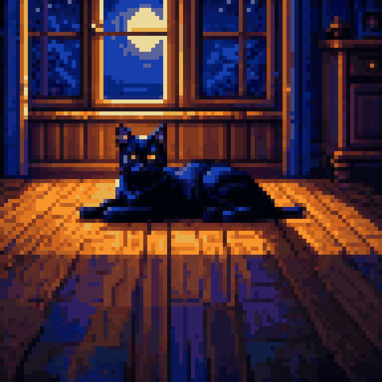 Black cat lying on glowing wood plank floor 3am dark room moonlight god rays amber eyes pixel art 8-bit retro