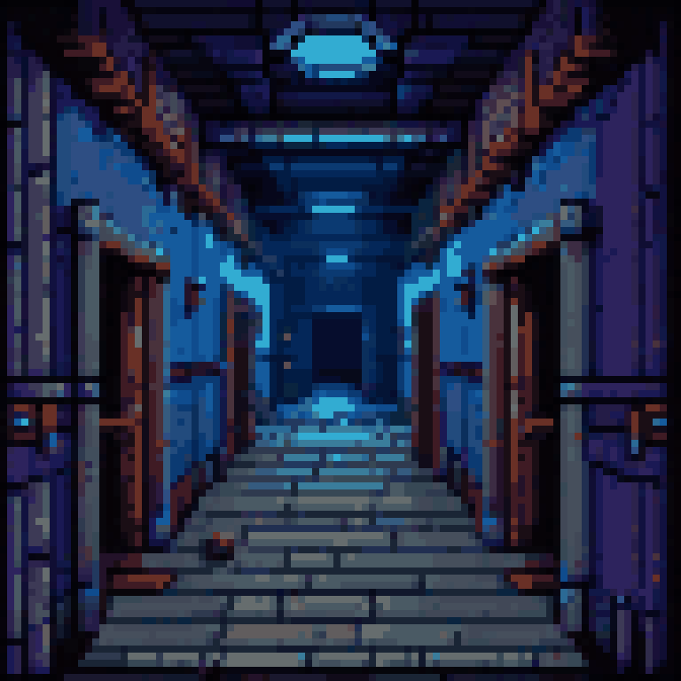 Dark longhouse corridor many doors receding into distance blue light far end viking stone walls liminal pixel art 8-bit retro