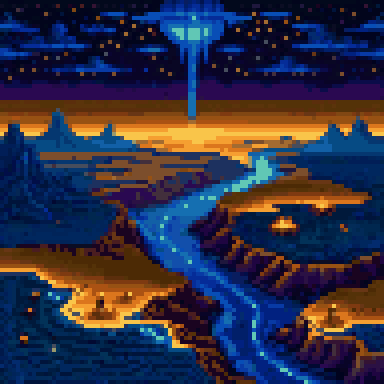Aerial dark river delta night glowing data nodes at crossings amber eyes in sky ancient trade routes as light threads deep blue space pixel art 8-bit retro