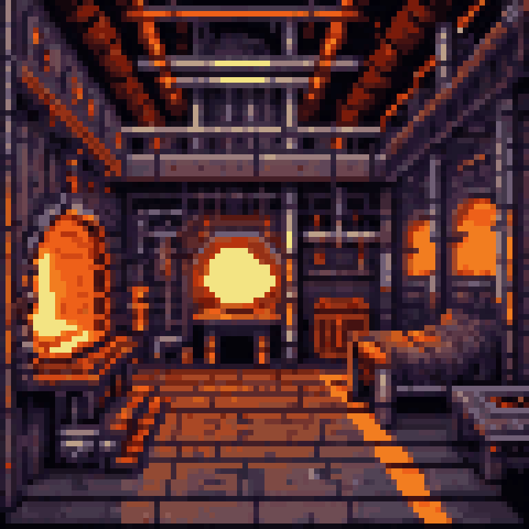 Glowing silver aluminum longhouse interior warm amber light circuits visible in stone forge heat sci-fi viking fusion pixel art 8-bit retro