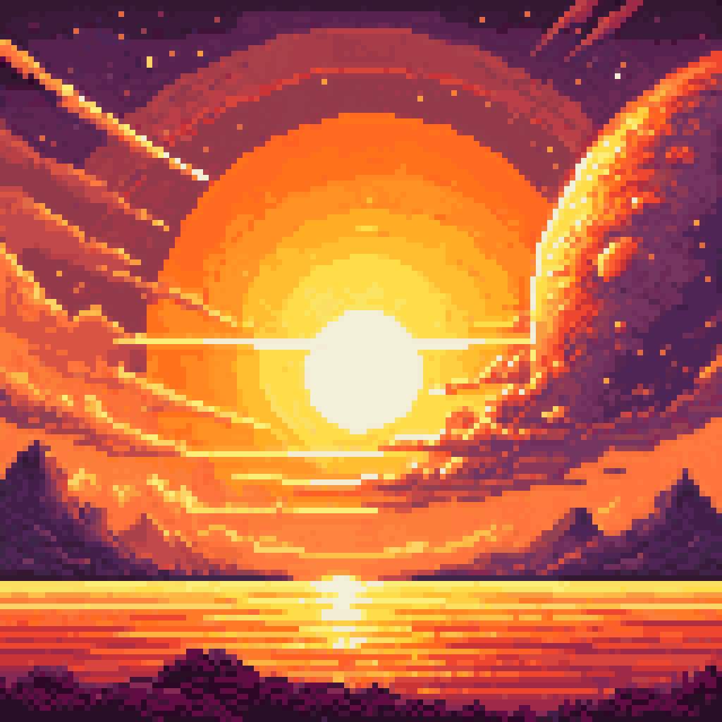 Viking market longhouse trade route amber glow silhouettes exchanging knowledge tokens river ford in distance pixel art 8-bit retro