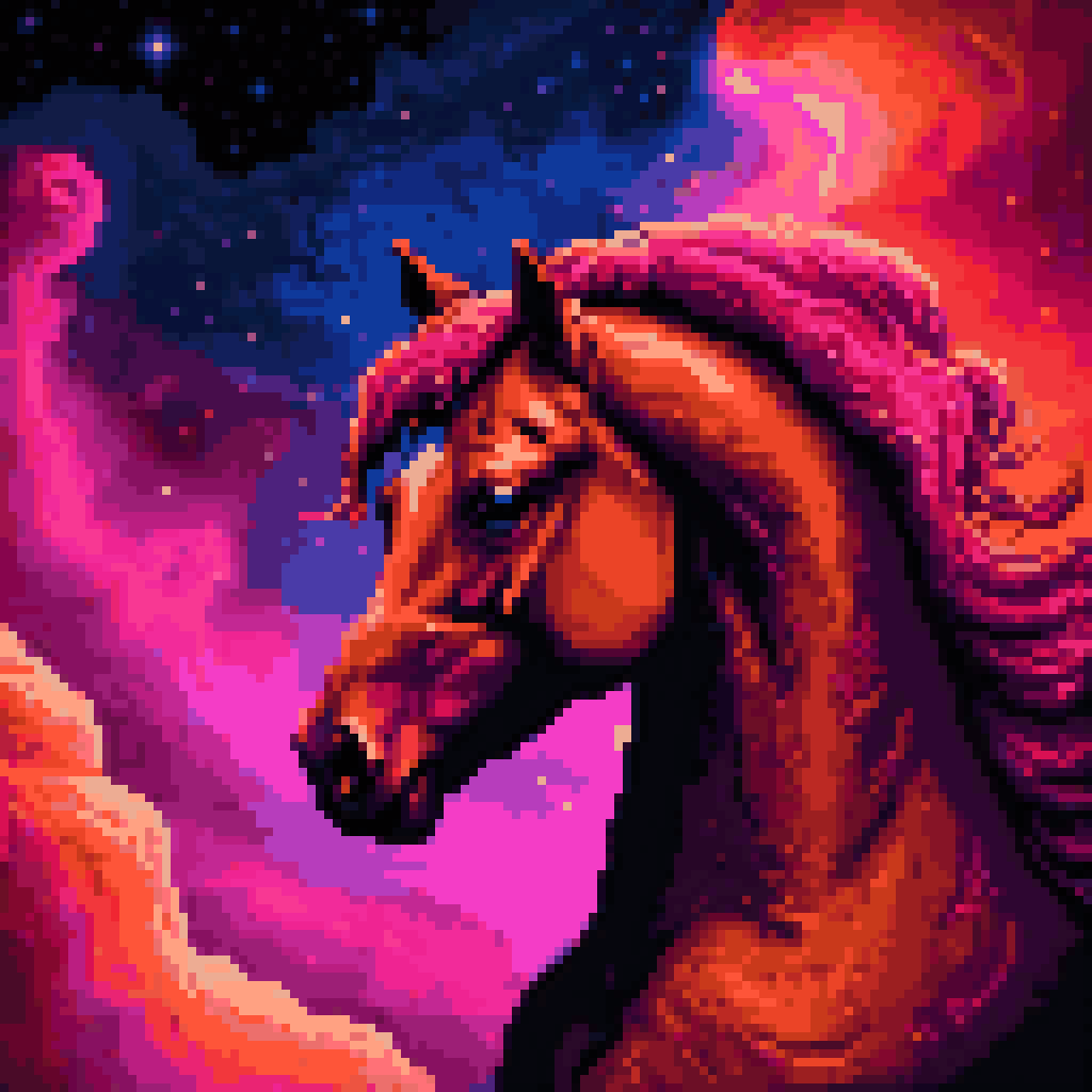 Dark cosmic nebula teacher and student silhouettes warm amber light knowledge transfer vocabulary tail pixel art 8-bit retro