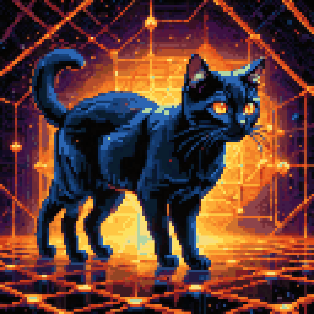 Small black cat with glowing amber eyes walking inside a luminous HDX graph network vertex nodes expander edges dark void mathematical lattice pixel art 8-bit retro