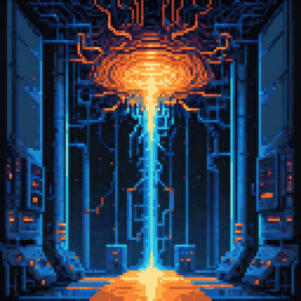 Glowing neural network training room loss curve descending two entities large and small facing each other gradient light streams LoRA adapter rings floating warm amber cool blue pixel art 8-bit retro