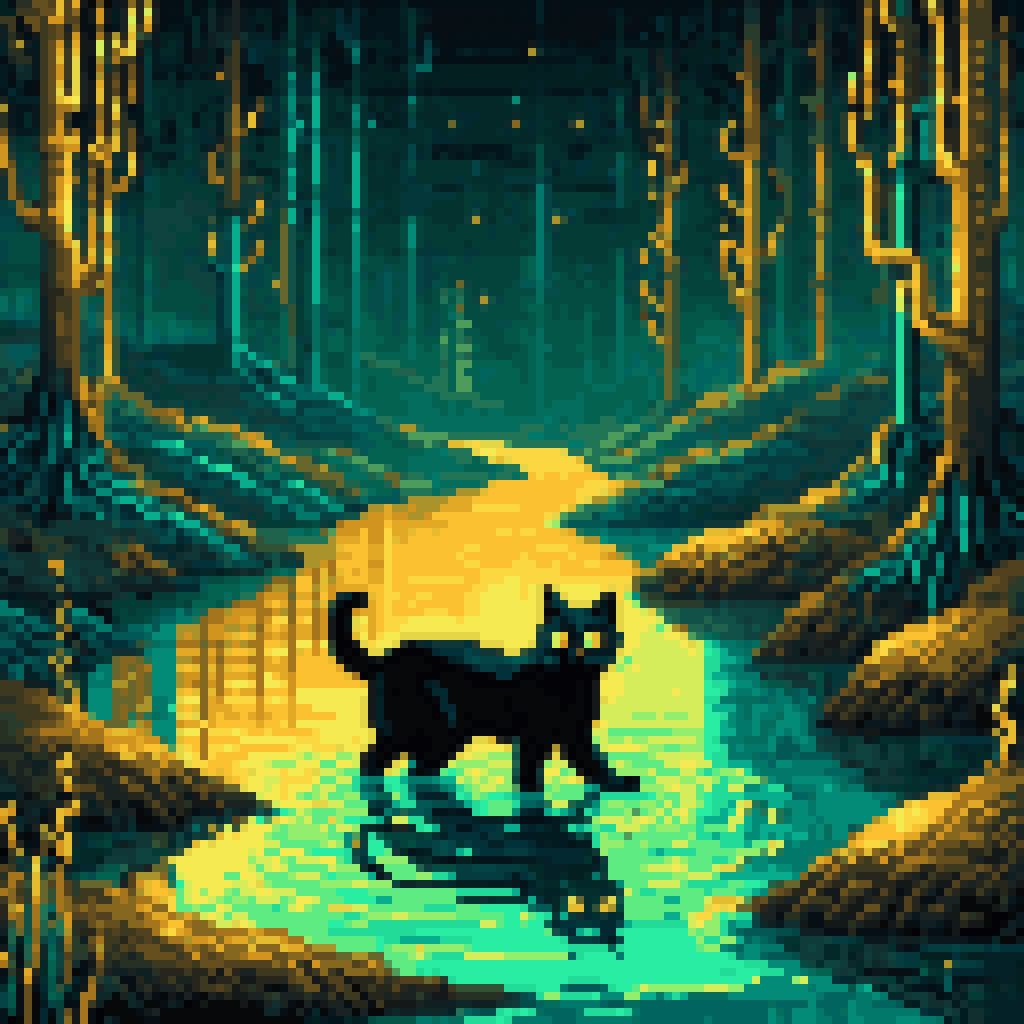 Black cat swimming through dark amber river at 3am layered river below bioluminescent Reed-Solomon code spirals mathematical deep water dark teal and amber surreal pixel art 8-bit retro