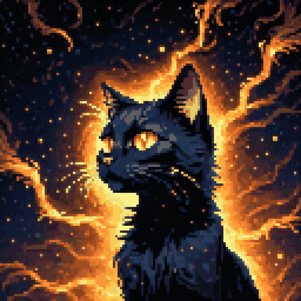 Black cat particle system fur strands surveillance amber eyes countdown pixel art 8-bit retro