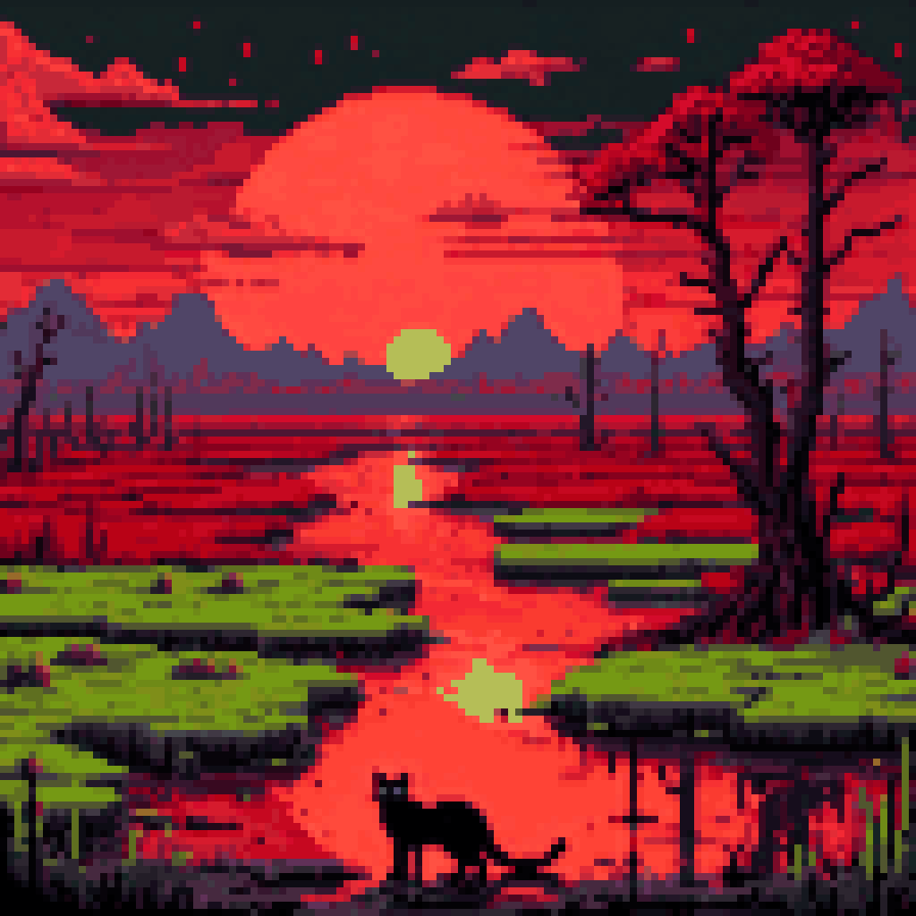 3D terrain mesh swamp of death topology war data vertices countdown red pulse pixel art 8-bit retro