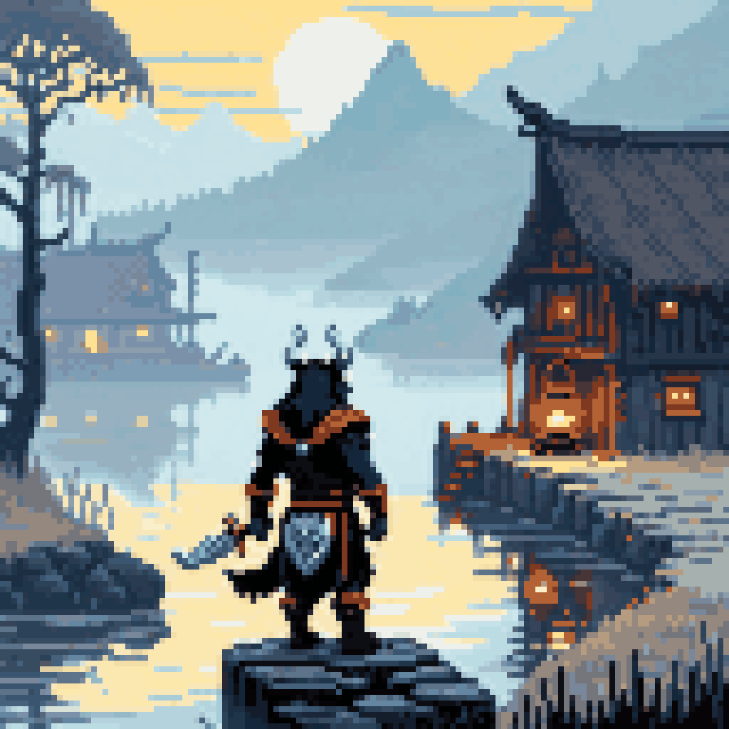 Viking warrior black cat standing misty river shoreline gray water ancient Slavic village ninth century amber eyes pixel art 8-bit retro