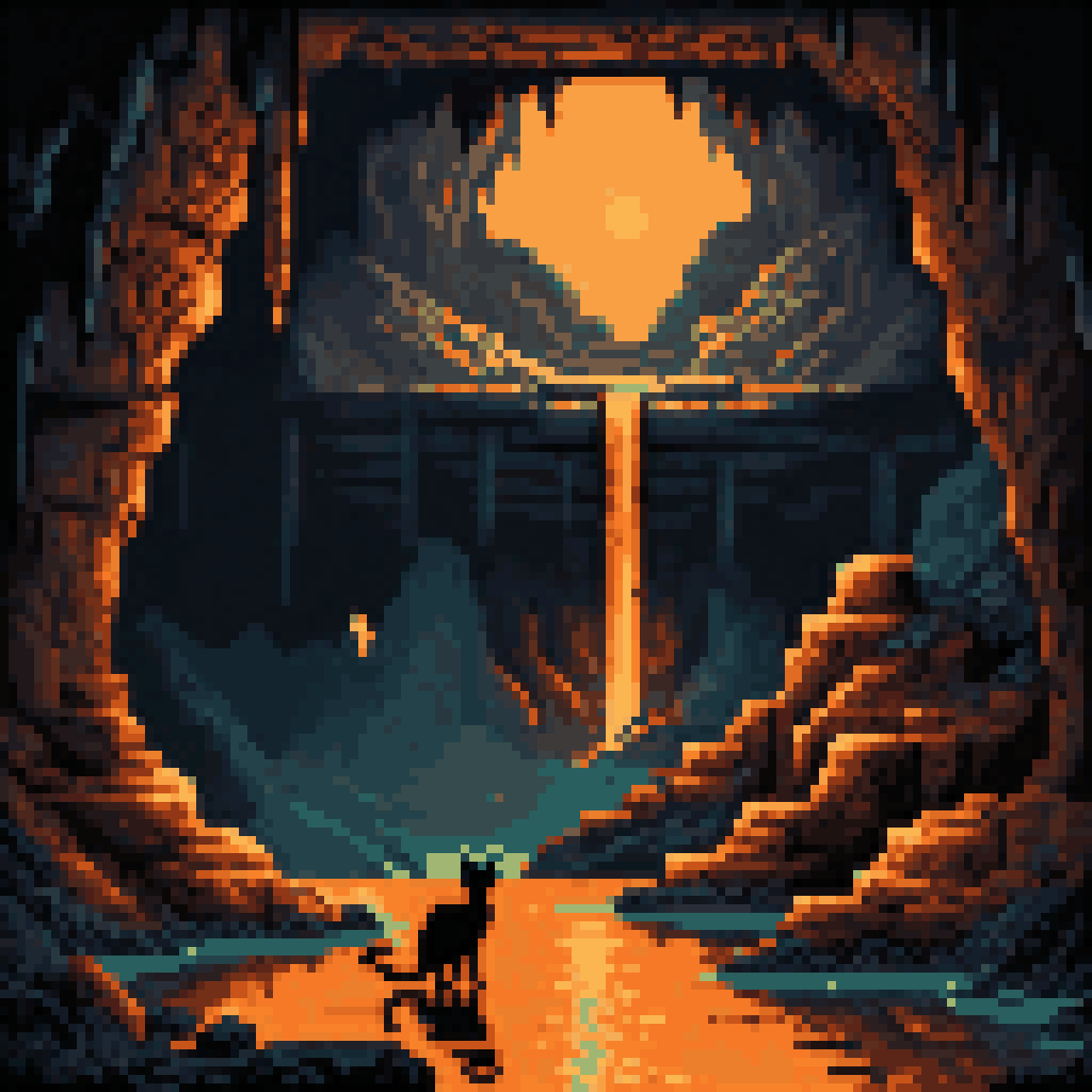 Ancient underground cavern glowing amber eyes limestone crude oil geological deep earth black cat pixel art 8-bit retro
