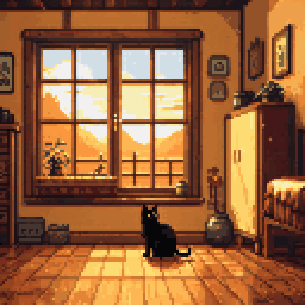 Cozy interior room late afternoon golden light window wood floor black cat sitting dust motes pixel art 8-bit retro