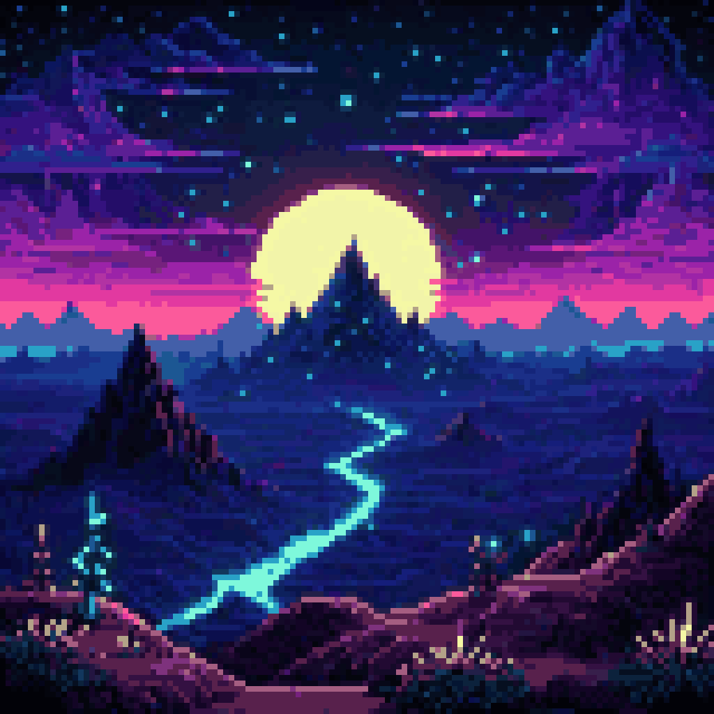 3D wireframe terrain mesh war topology glowing spike peaks dark night sky data visualization black cat silhouette pixel art 8-bit retro